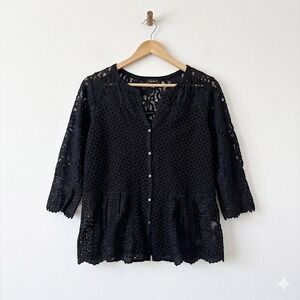 Lucky Brand Black Lace Button Front Top Cardigan 3/4 Sleeve Womens Large